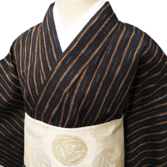 紬 着物 中古 正絹 袷 カジュアル 縦縞模様 鳶色 黄土色 身丈164cm 裄  