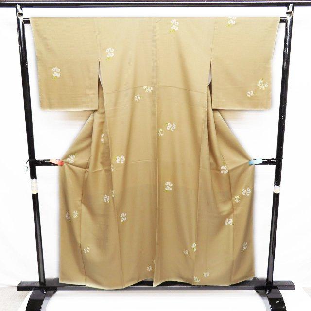 小紋 着物 未使用 正絹 袷 カジュアル 花模様 地模様 薄香色 身丈155cm  