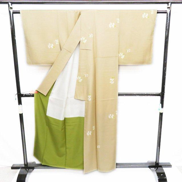 小紋 着物 未使用 正絹 袷 カジュアル 花模様 地模様 薄香色 身丈155cm  