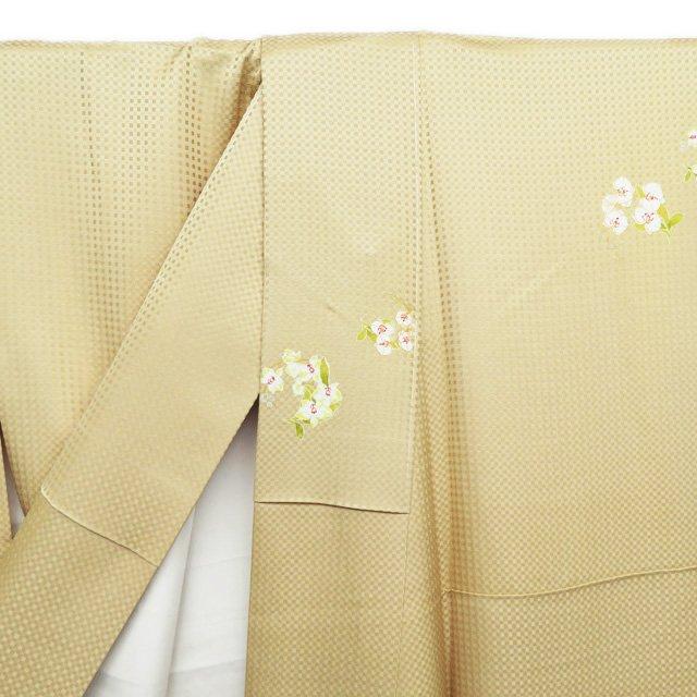 小紋 着物 未使用 正絹 袷 カジュアル 花模様 地模様 薄香色 身丈155cm  