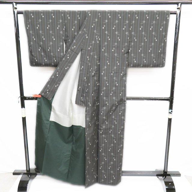 特選 本真綿紬 着物 中古 正絹 袷 カジュアル 絣模様 灰色 身丈162cm  