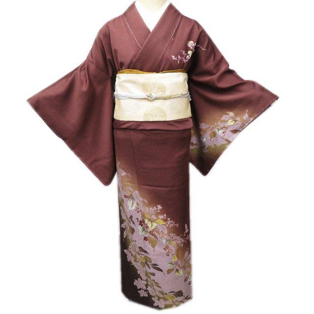 訪問着 着物 中古 正絹 袷 フォーマル 作家物 落款 植物文様 金彩 茶色  