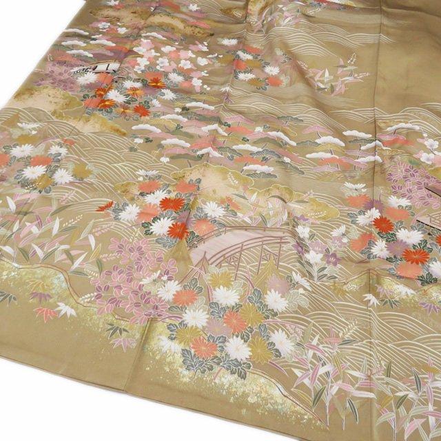 訪問着 着物 中古 正絹 袷 フォーマル 本加工 茶屋辻文様 金駒刺繍 茅  