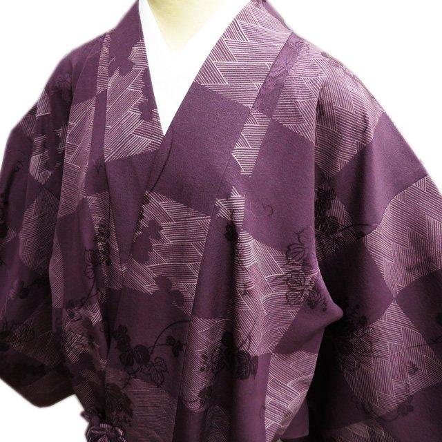 道中着 コート 中古 正絹 市松取り 葉っぱ模様 桧垣模様 紫鳶色 身丈  