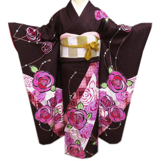 振袖 着物 中古 リサイクル 正絹 袷 花模様 薔薇 バラ ラインストーン  