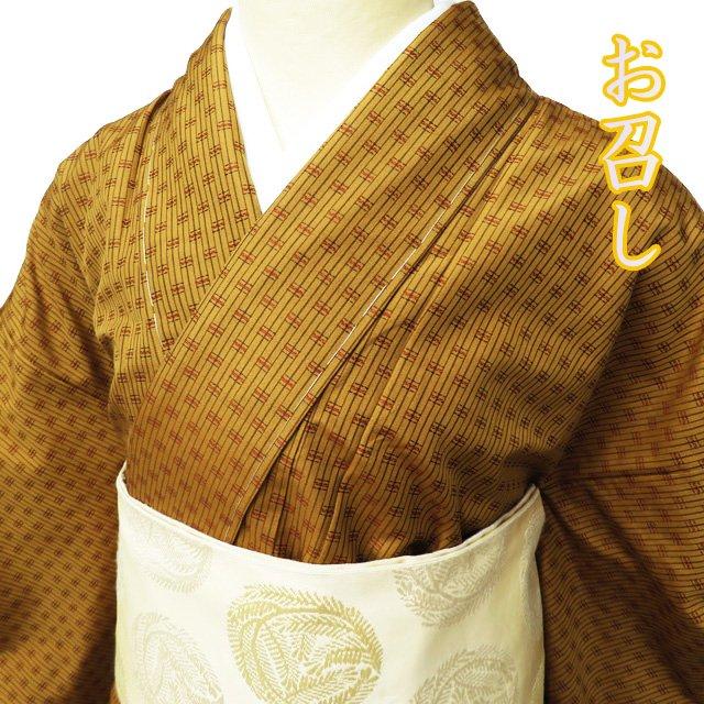 特選 お召し 御召 着物 中古 正絹 袷 カジュアル 白鷹 黄朽葉色 黒色 身丈165.5cm 裄66.5cm L トール きもの北條 A1140-12 2131414204.jpg?1746089506