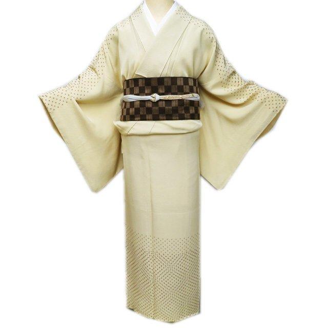 訪問着 着物 中古 袷 カジュアル 水玉模様 点模様 淡黄色 多色 身丈 