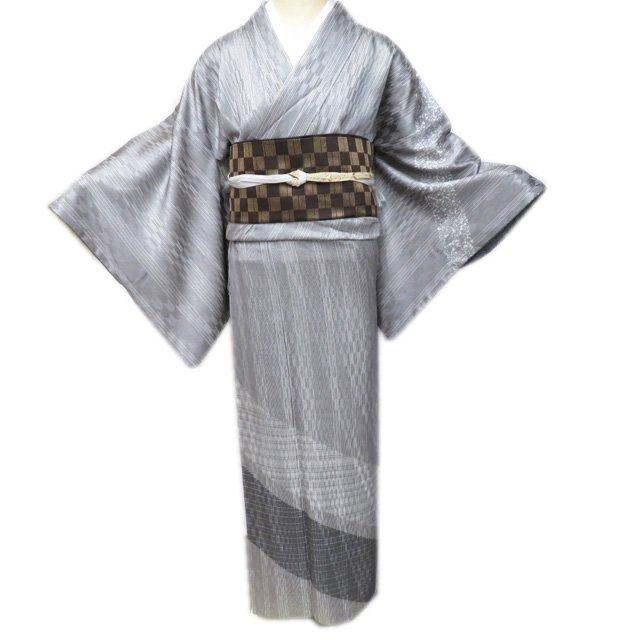 訪問着 着物 中古 袷 フォーマル 縞模様 格子模様 地模様 矢羽根 黒色 