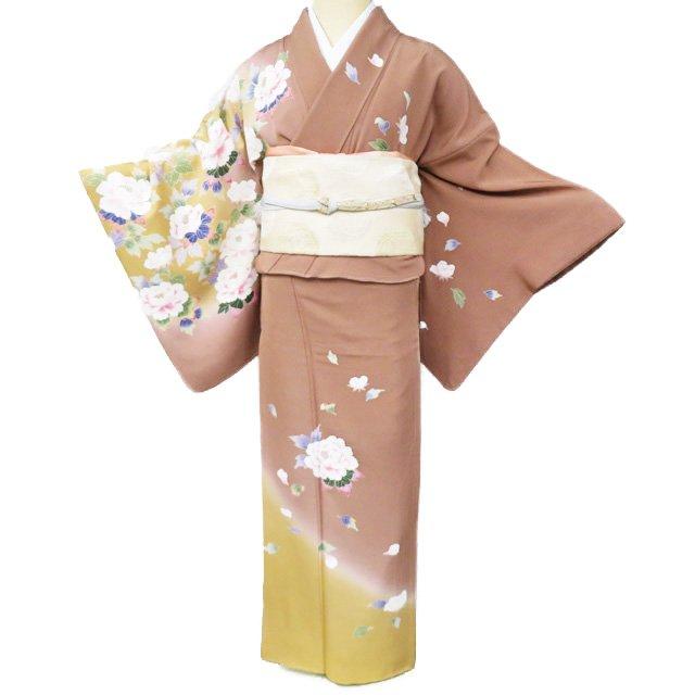 訪問着 着物 中古 正絹 袷 フォーマル 花模様 牡丹 ぼかし染め 暈し 