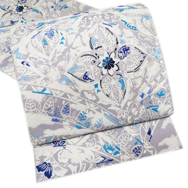特選 袋帯 未使用 正絹 カジュアル 仕立て上がり 六通 華文 白鼠色 青
