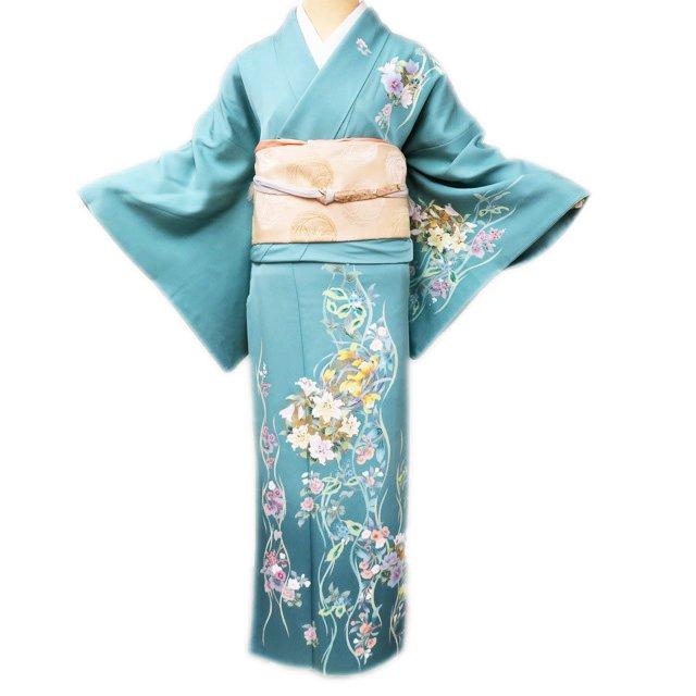 訪問着 着物 中古 正絹 袷 フォーマル 花の図 花立涌 錆青磁色 多色 金 身丈162cm 裄67cm M きもの北條 A936-10 FINAL PRICE ／ 訪問着 着物 中古 正絹 袷 フォーマル 花の図 花立涌
