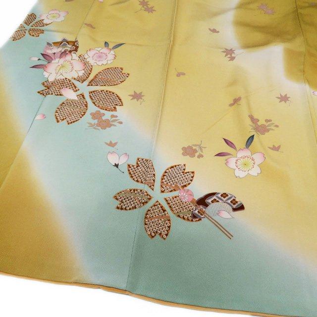 訪問着 着物 中古 正絹 袷 フォーマル 花の図 桜 紅葉 金駒刺繍 縮緬地 卵色 黄朽葉色 多色 身丈161cm 裄71cm M きもの北條 A936-11 FINAL PRICE ／ 訪問着 着物 中古 正絹 袷 フォーマル 花の図 桜 紅葉
