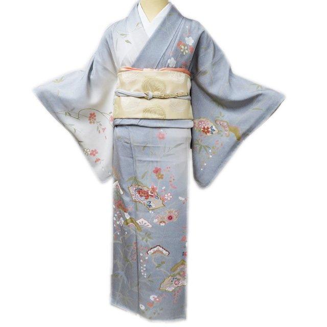 訪問着 着物 中古 正絹 袷 フォーマル 金駒刺繍 花の図 松竹梅 扇面  