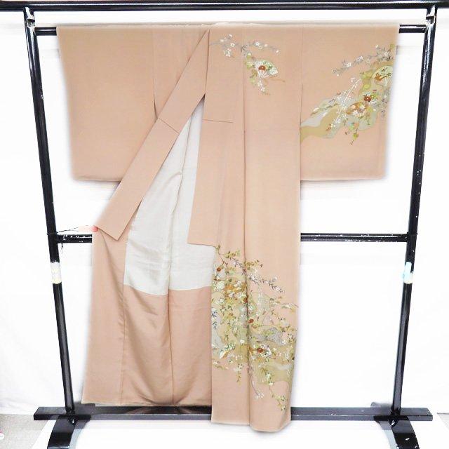 特選 訪問着 着物 中古 正絹 袷 フォーマル 総刺繍 刺繍 花鳥文様 赤墨色 多色 身丈164cm 裄68cm L きもの北條 A984-7 FINAL PRICE ／ 特選 本加工 訪問着 着物 中古 フォーマル 刺繍 花の図