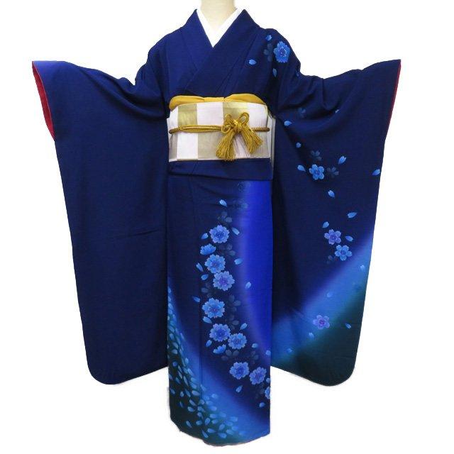 振袖 着物 中古 リサイクル 正絹 袷 花模様 桜 ぼかし染め 暈し 青系色