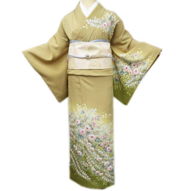 特選 訪問着 着物 中古 正絹 袷 フォーマル 辻が花 絞り 薄茶系色 多色  