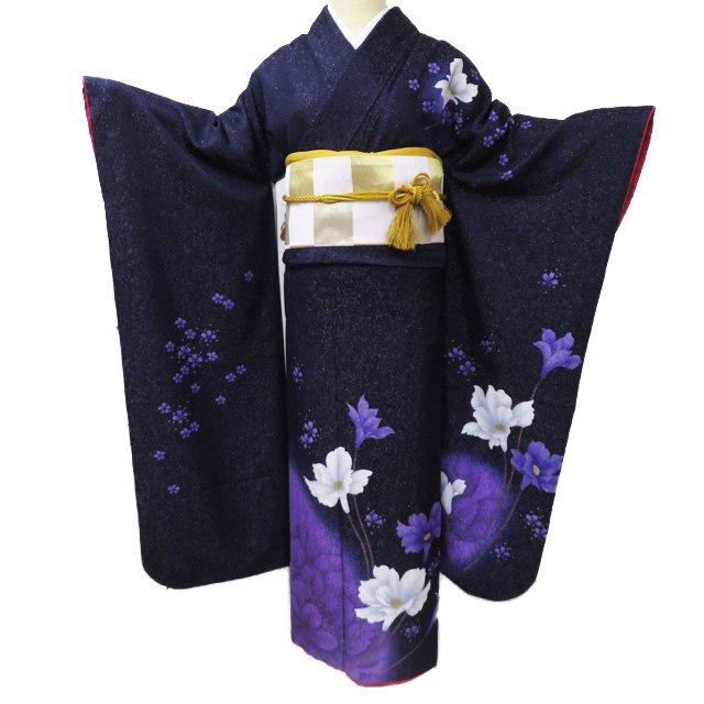 振袖 着物 中古 正絹 袷 紫紺色 身丈170cm L トール A941-2
