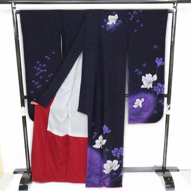 振袖 着物 中古 リサイクル 正絹 袷 フォーマル 花模様 銀通し 紫紺色 