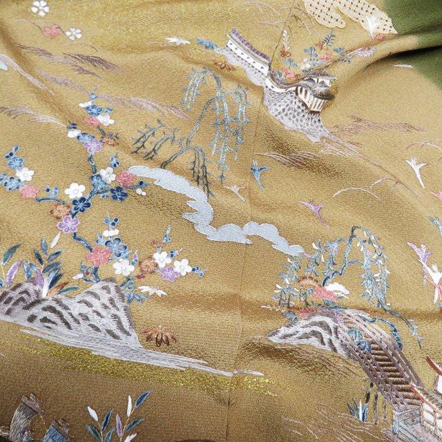 特選 訪問着 着物 中古 正絹 袷 作家物 落款 汕頭刺繍 スワトウ 風景 