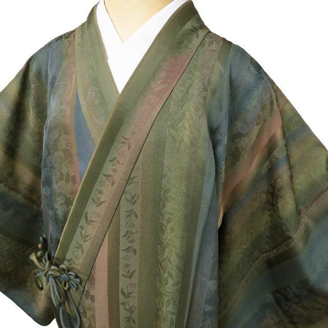 コート 道中着 羽織 着物 中古 地模様 植物文様 ぼかし染め 暈し 緑系  