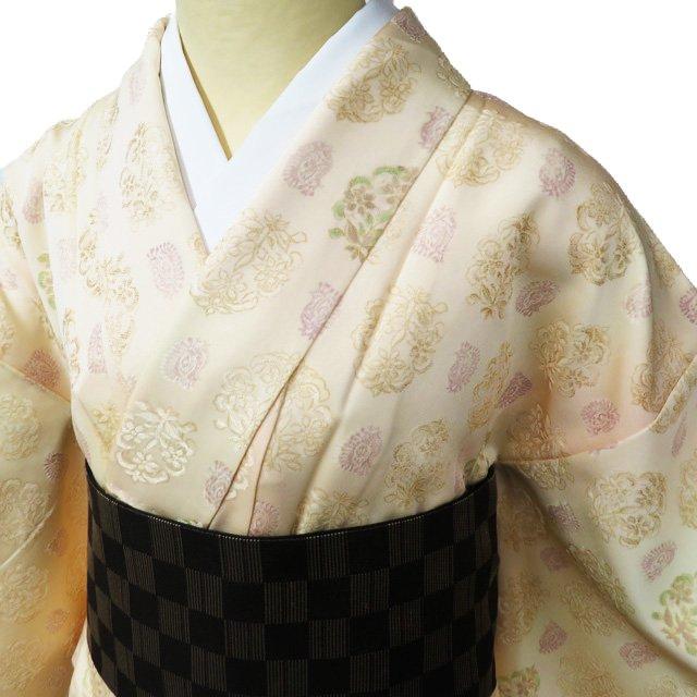 小紋 着物 中古 正絹 袷 カジュアル 花模様 鳥 孔雀 薄橙色 多色 身丈158.5cm 裄62.5cm M きもの北條 A952-4 FINAL PRICE ／ 小紋 着物 中古 正絹 袷 カジュアル 花模様 鳥 孔雀 薄