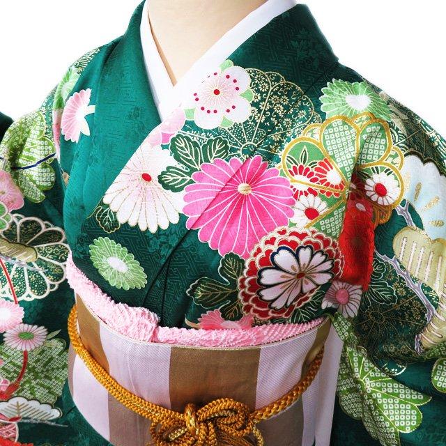 振袖 着物 中古 リサイクル 正絹 袷 金駒刺繍 花模様 松竹梅 地模様 萌黄色