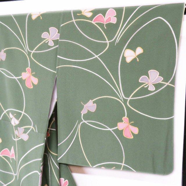 小紋 着物 中古 正絹 袷 カジュアル 花模様 若竹色 多色 身丈164.5cm  