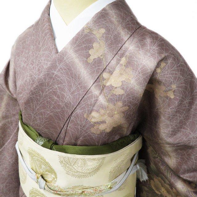 FINAL PRICE ／ 訪問着 着物 中古 正絹 紬地 花の図 刺繍 胡桃染色 金 
