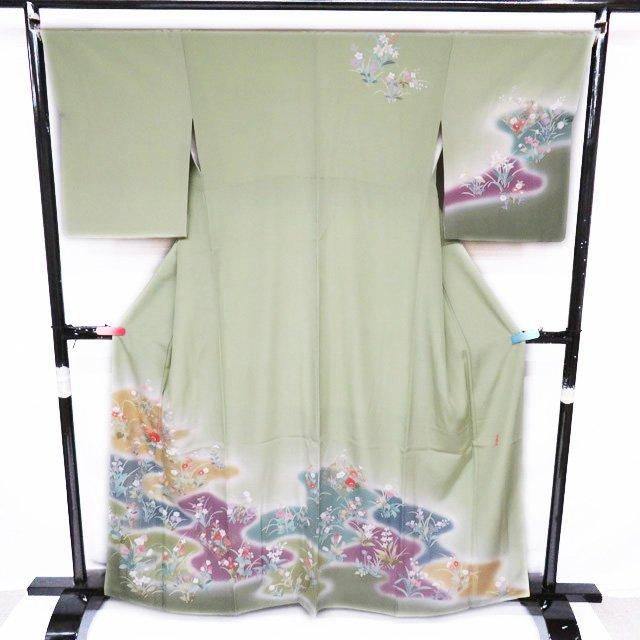 訪問着 着物 中古 正絹 フォーマル 作家物 落款 花の図 苗色 多色 身丈161cm 裄67.5cm M きもの北條 A958-6 FINAL PRICE ／ 訪問着 着物 中古 正絹 フォーマル 作家物 落款 花の図
