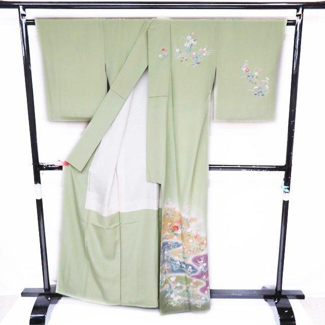 訪問着 着物 中古 正絹 フォーマル 作家物 落款 花の図 苗色 多色 身丈161cm 裄67.5cm M きもの北條 A958-6 FINAL PRICE ／ 訪問着 着物 中古 正絹 フォーマル 作家物 落款 花の図