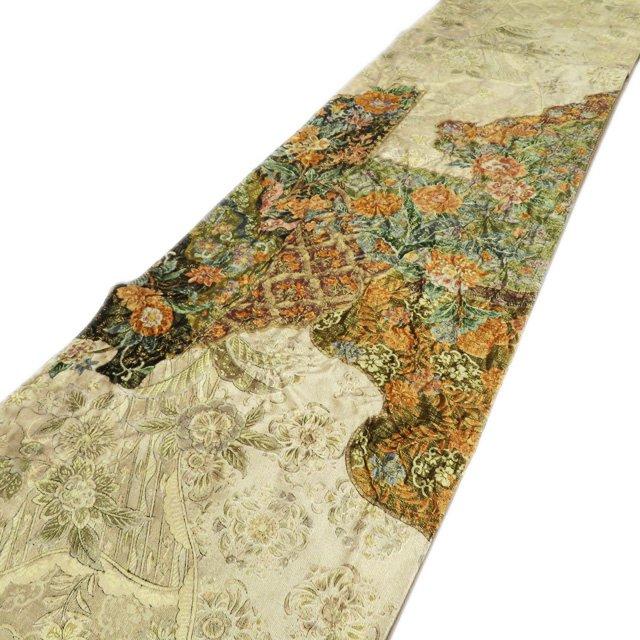 袋帯 未仕立て 正絹 カジュアル 全通 西陣織 ラベル付き 作家物 落款 花の図 絞り 金通し 茶系色 多色 きもの北條 A959-15 FINAL PRICE ／ 袋帯 未仕立て 正絹 カジュアル 全通 西陣織 ラベル