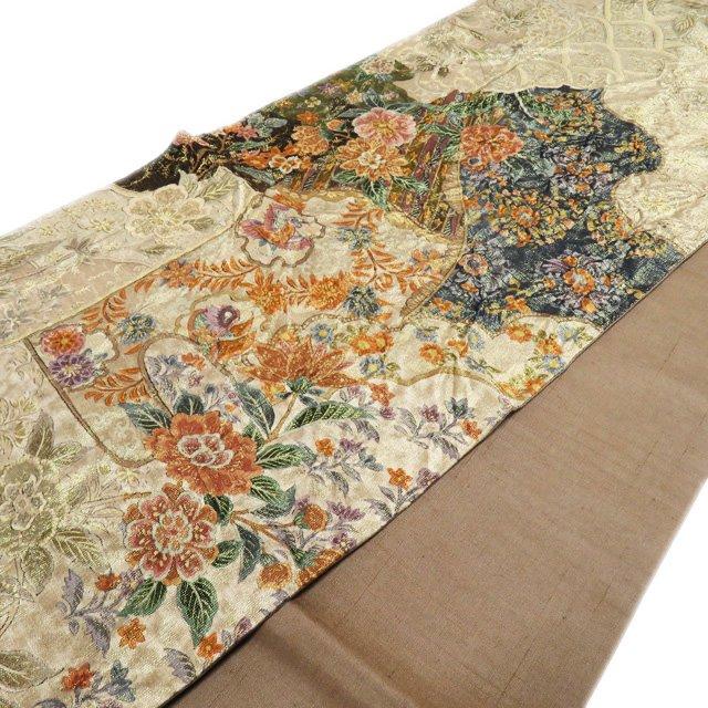 袋帯 未仕立て 正絹 カジュアル 全通 西陣織 ラベル付き 作家物 落款 花の図 絞り 金通し 茶系色 多色 きもの北條 A959-15 FINAL PRICE ／ 袋帯 未仕立て 正絹 カジュアル 全通 西陣織 ラベル