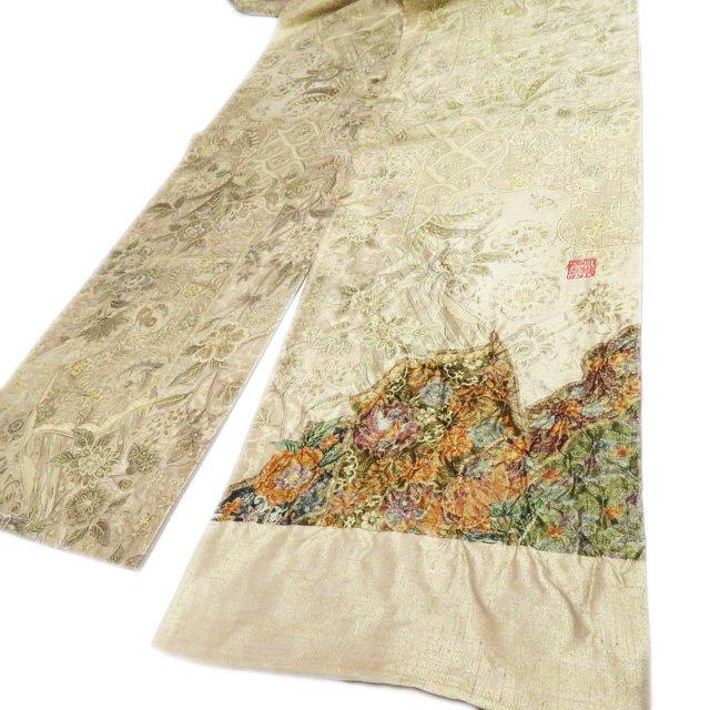 袋帯 未仕立て 正絹 カジュアル 全通 西陣織 ラベル付き 作家物 落款 花の図 絞り 金通し 茶系色 多色 きもの北條 A959-15 FINAL PRICE ／ 袋帯 未仕立て 正絹 カジュアル 全通 西陣織 ラベル