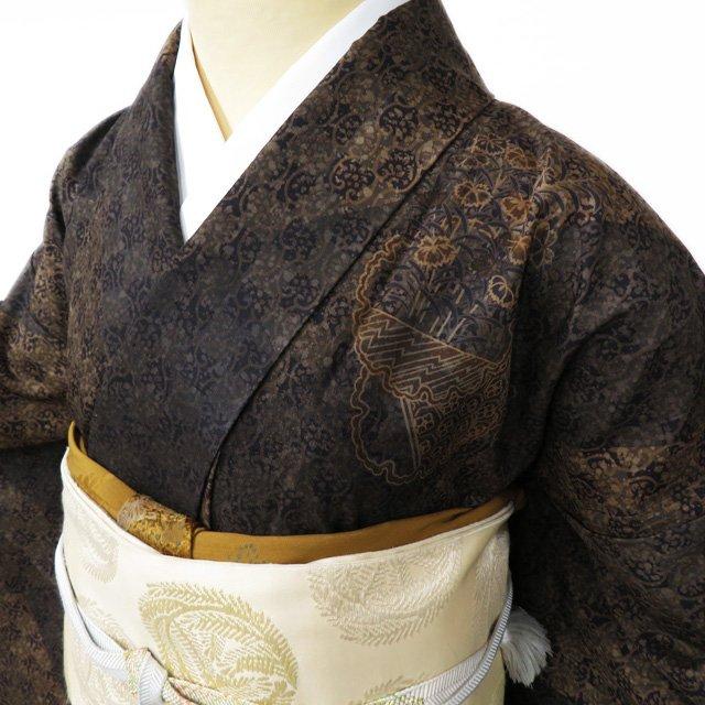 特選 訪問着 着物 中古 正絹 袷 フォーマル 前田仁仙 花鳥模様 茶系色  