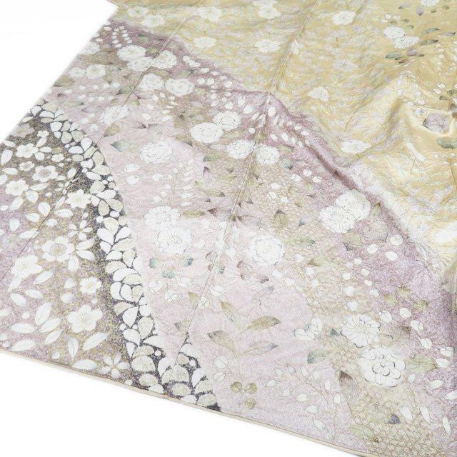 訪問着 着物 中古 正絹 袷 フォーマル 花模様 絞り 地模様 薄橙色 多色  