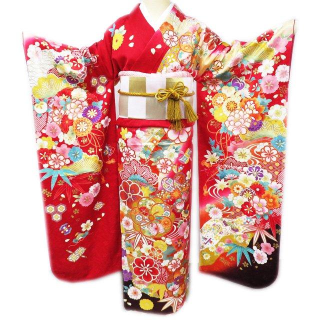 振袖80】着物 振袖 正絹 袷 金糸 辻が花 鹿の子 扇面 単品販売 着物・浴衣