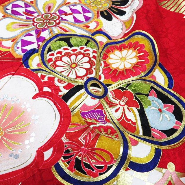 振袖 着物 中古 リサイクル 袷 金駒刺繍 花模様 松菱 七宝 赤色 多色 