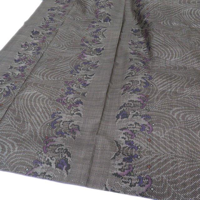 大島紬 着物 中古 正絹 袷 カジュアル 波模様 焦茶色 紫色 身丈163cm 裄66.5cm M きもの北條 A966-1 FINAL PRICE ／ 大島紬 着物 中古 正絹 袷 カジュアル 波模様 焦茶色