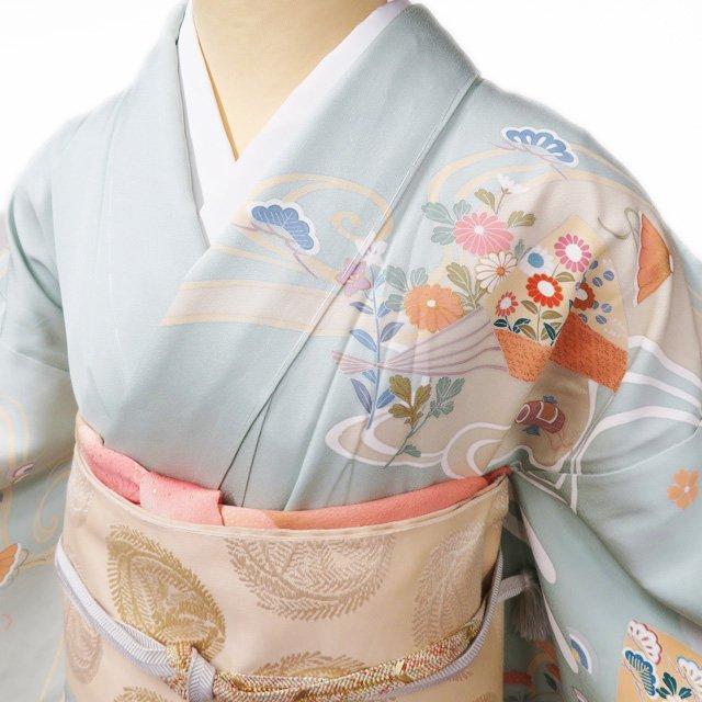 訪問着 着物 中古 作家物 落款 金駒刺繍 扇子に花鳥文様 流水 宝物 裏葉色 淡紅色 多色 身丈157.5cm 裄65cm M きもの北條 A971-4 訪問着 着物 中古 作家物 落款 金駒刺繍 扇子に花鳥文様 流水 宝物 裏