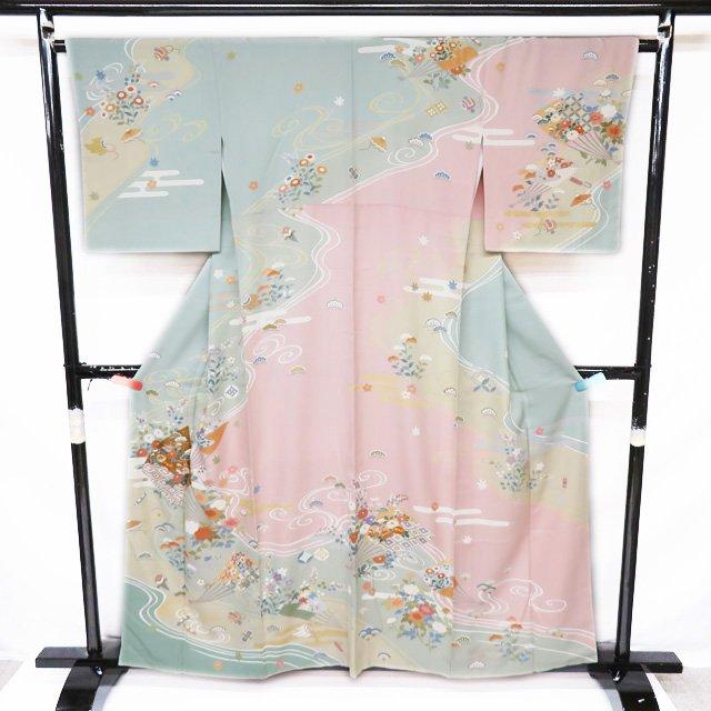 訪問着 着物 中古 作家物 落款 金駒刺繍 扇子に花鳥文様 流水 宝物 裏 