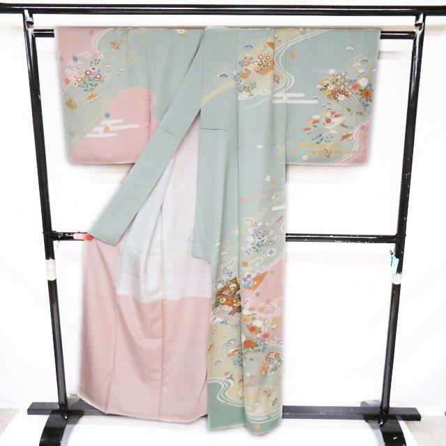 訪問着 着物 中古 作家物 落款 金駒刺繍 扇子に花鳥文様 流水 宝物 裏葉色 淡紅色 多色 身丈157.5cm 裄65cm M きもの北條 A971-4 訪問着 着物 中古 作家物 落款 金駒刺繍 扇子に花鳥文様 流水 宝物 裏
