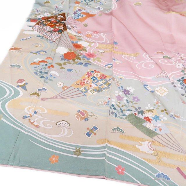 訪問着 着物 中古 作家物 落款 金駒刺繍 扇子に花鳥文様 流水 宝物 裏葉色 淡紅色 多色 身丈157.5cm 裄65cm M きもの北條 A971-4 訪問着 着物 中古 作家物 落款 金駒刺繍 扇子に花鳥文様 流水 宝物 裏