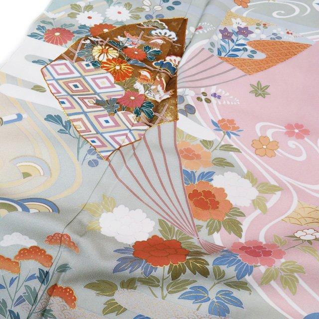 訪問着 着物 中古 作家物 落款 金駒刺繍 扇子に花鳥文様 流水 宝物 裏葉色 淡紅色 多色 身丈157.5cm 裄65cm M きもの北條 A971-4 訪問着 着物 中古 作家物 落款 金駒刺繍 扇子に花鳥文様 流水 宝物 裏
