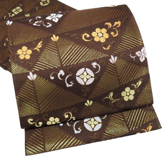 袋帯 中古 リサイクル 正絹 フォーマル 仕立て上がり 六通 松鱗文 花模様 焦茶色 多色 金 きもの北條 A971-9 袋帯 中古 リサイクル 正絹 フォーマル 仕立て上がり 六通 松鱗文 花
