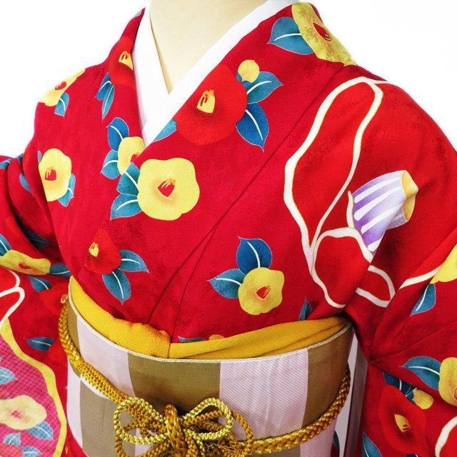 振袖 着物 中古 リサイクル 正絹 花模様 椿 鹿の子 赤色 多色 身丈  
