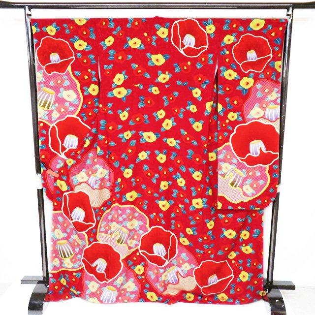 振袖 着物 中古 リサイクル 正絹 花模様 椿 鹿の子 赤色 多色 身丈  