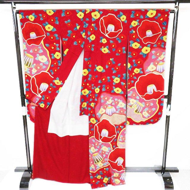 振袖 着物 中古 リサイクル 正絹 花模様 椿 鹿の子 赤色 多色 身丈  