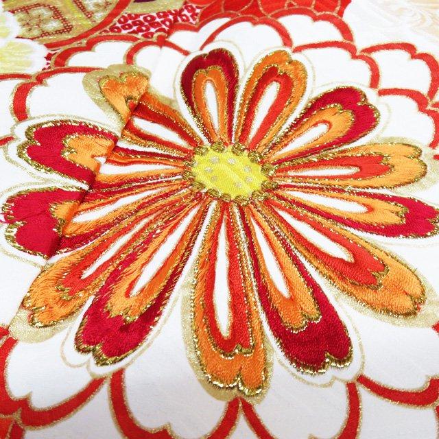 ち★美品★ 振袖&長襦袢セット　正絹　織柄無地　花紋刺繍　身丈162センチ 振袖 身丈162cm 裄丈66.5cm M 袷 百合 蝶 箔 金彩 朱色 正絹 美