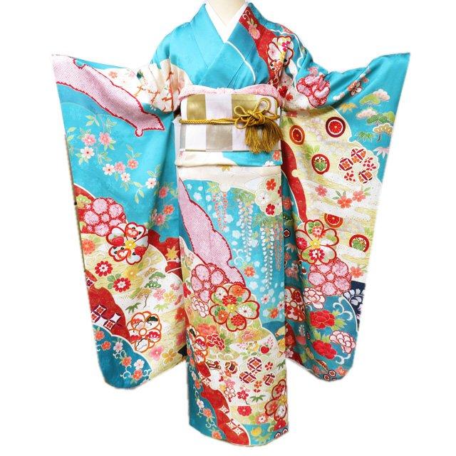 振袖 着物 中古 リサイクル 正絹 金駒刺繍 金彩 花模様 地模様 ターコイズ色 多色 金 身丈171cm 裄68cm L トール きもの北條 A975-7 振袖 着物 中古 リサイクル 正絹 金駒刺繍 金彩 花模様 地模様