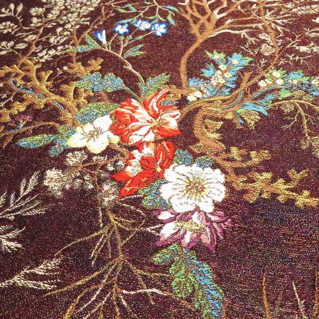 袋帯 未使用 正絹 フォーマル 六通 花模様 箔糸 焦茶色 多色 金 きもの